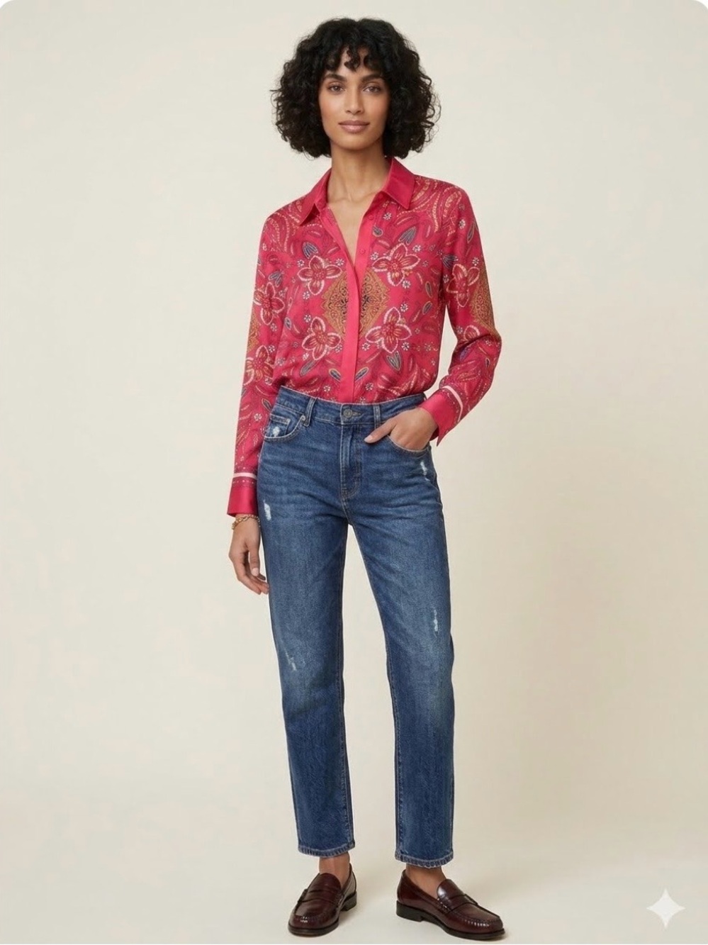 Rachel Zoe Red Floral Silk Button-Down Blouse